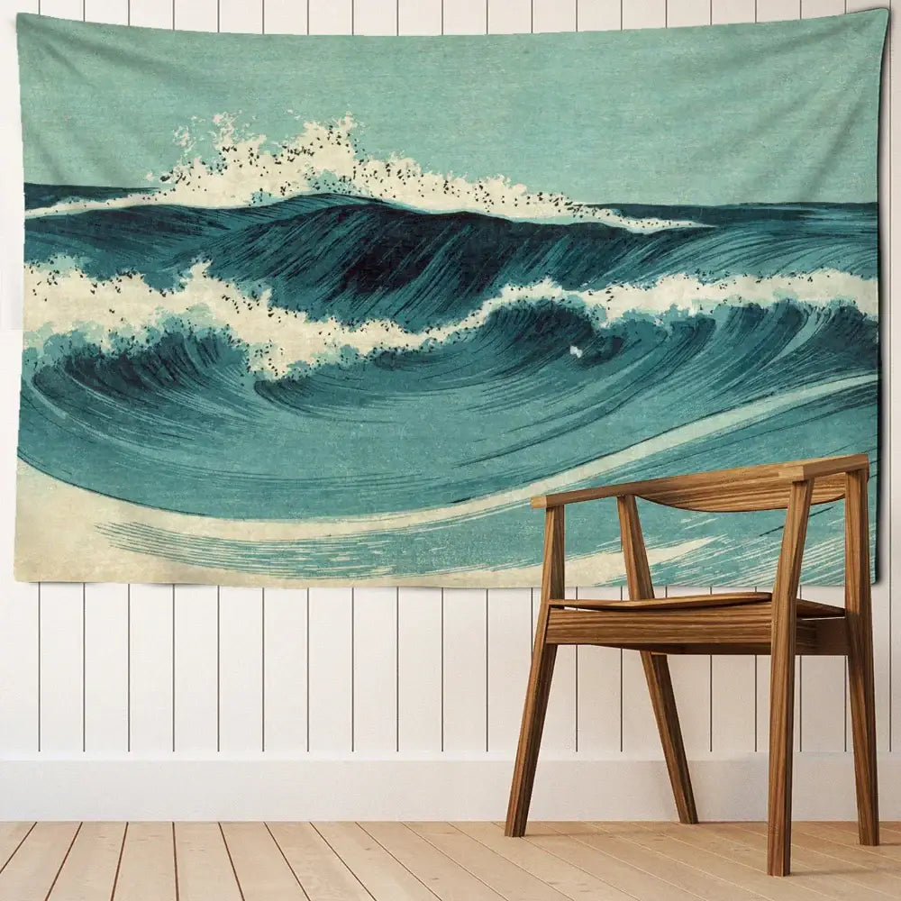 Bohemian teal & white blue wave oil painting tapestry bedroom decor
