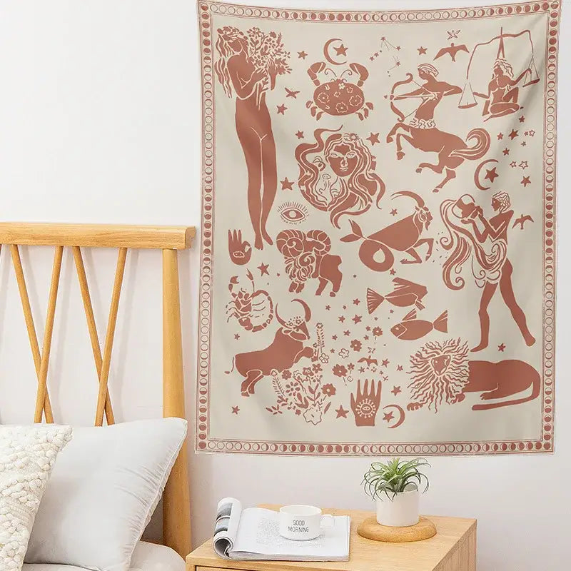 Boho beige and red constellation tarot boho tapestry bedroom decor
