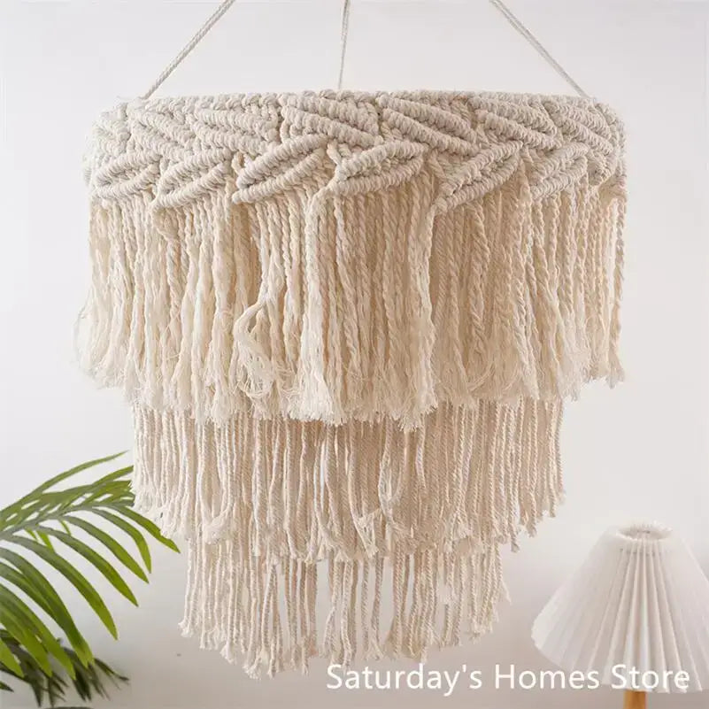 Boho beige macrame pendant light cover for bedroom chandelier