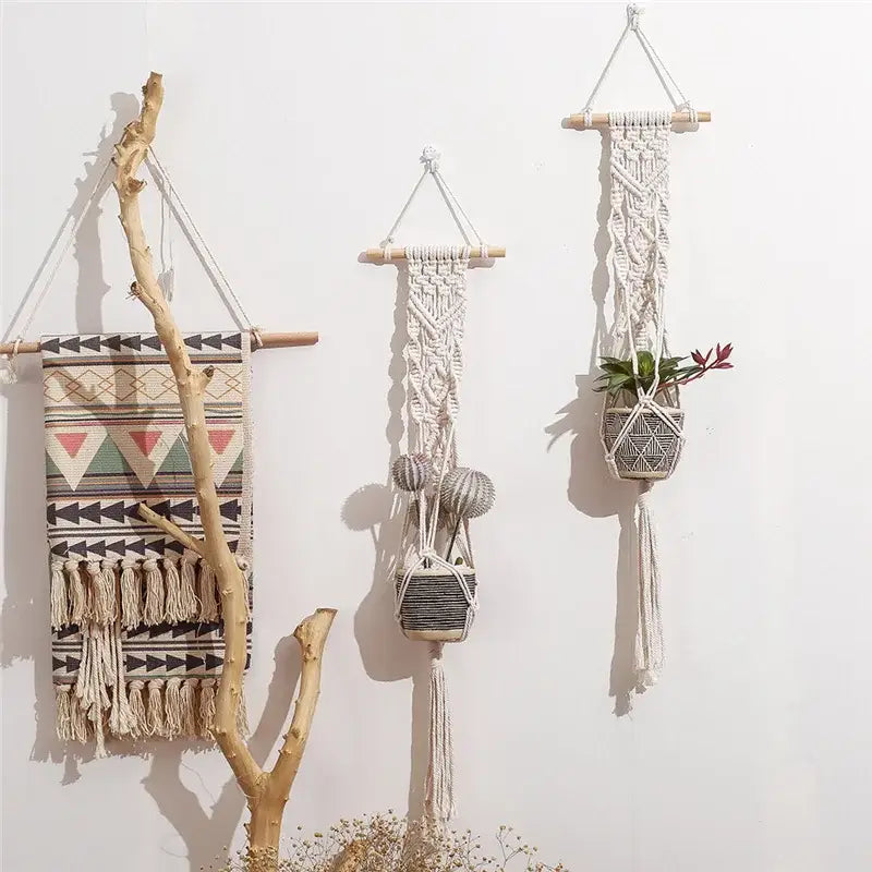 Boho beige macrame plant hanger basket wall art living room decor