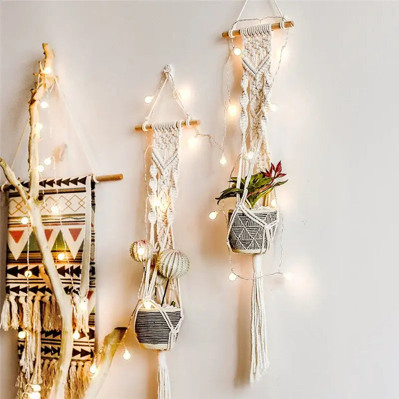 Boho beige macrame plant hanger basket wall art living room decor