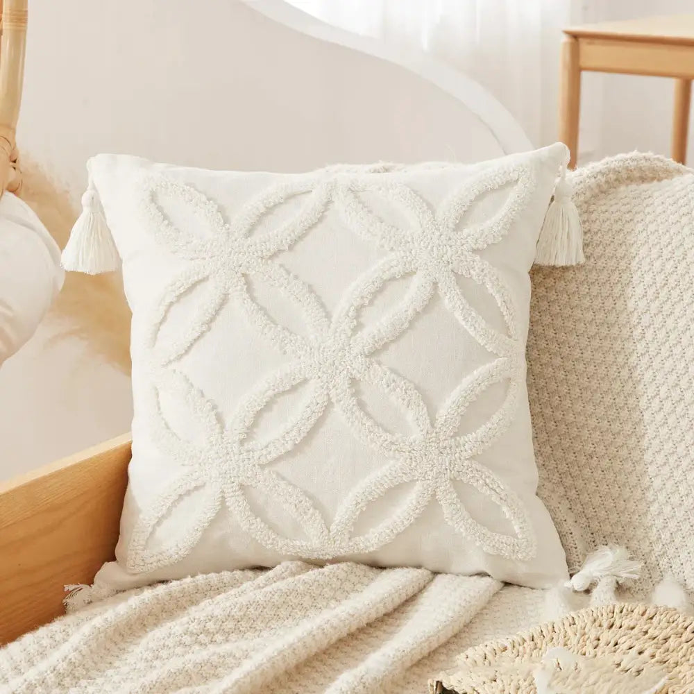 Boho beige white striped pillow cases living room tassel fringed decor