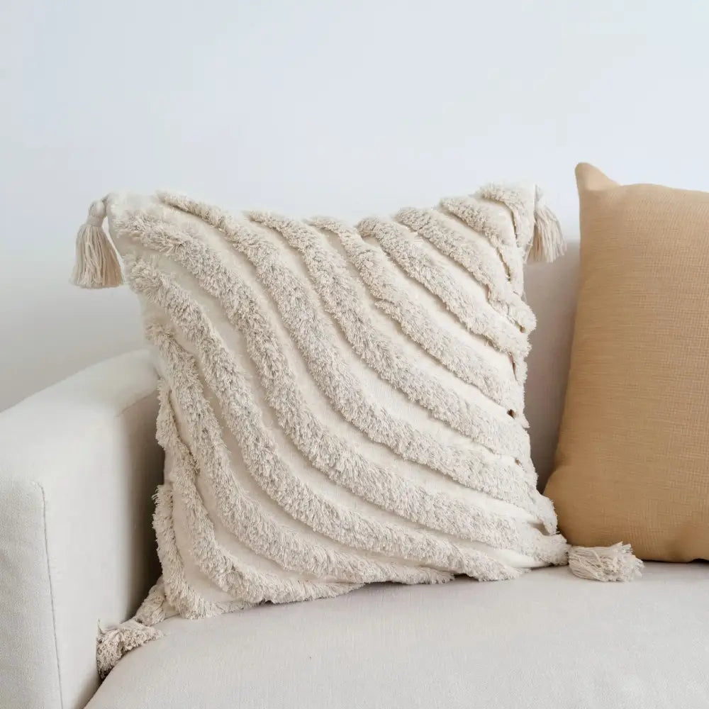Boho beige white striped pillow cases living room tassel fringed decor