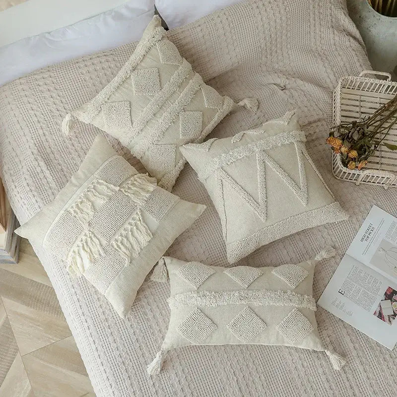 Boho beige white tufted tassel pillow covers bedroom decor