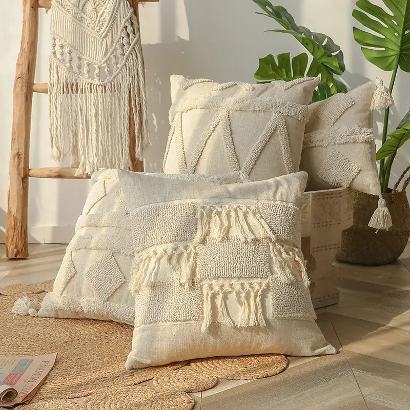 Boho beige white tufted tassel pillow covers bedroom decor