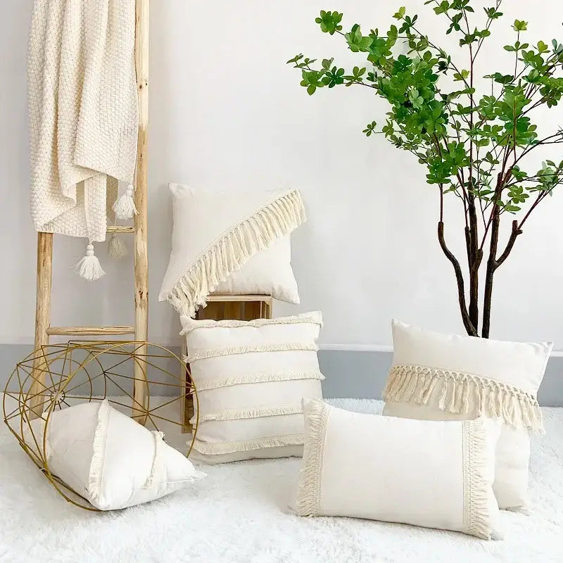Boho beige & yellow linen cotton pillow cover living room decor