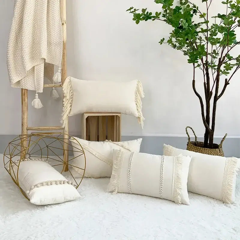 Boho beige & yellow linen cotton pillow cover living room decor