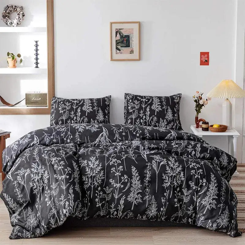 Boho chic black & white botanical bedding set bedroom duvet cover