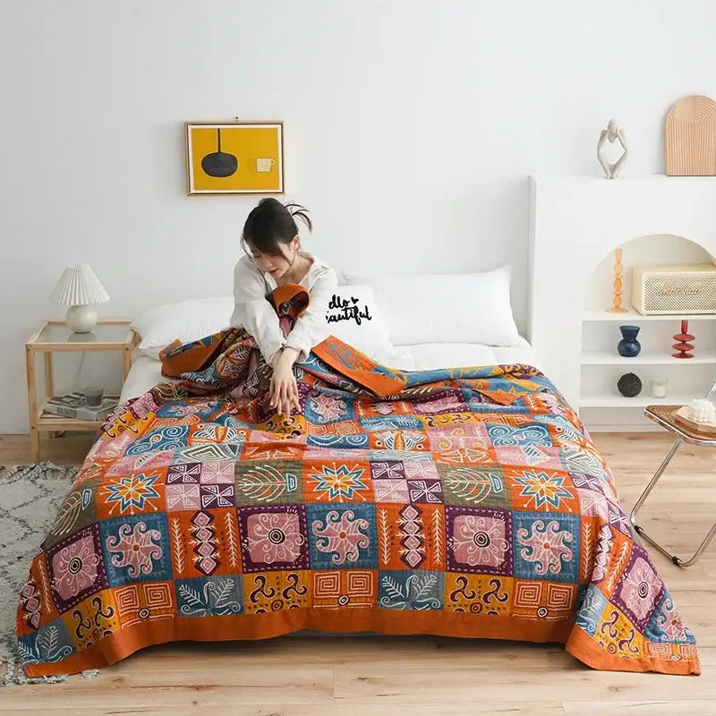 Boho cotton blanket patchwork geometric throw bedroom decor