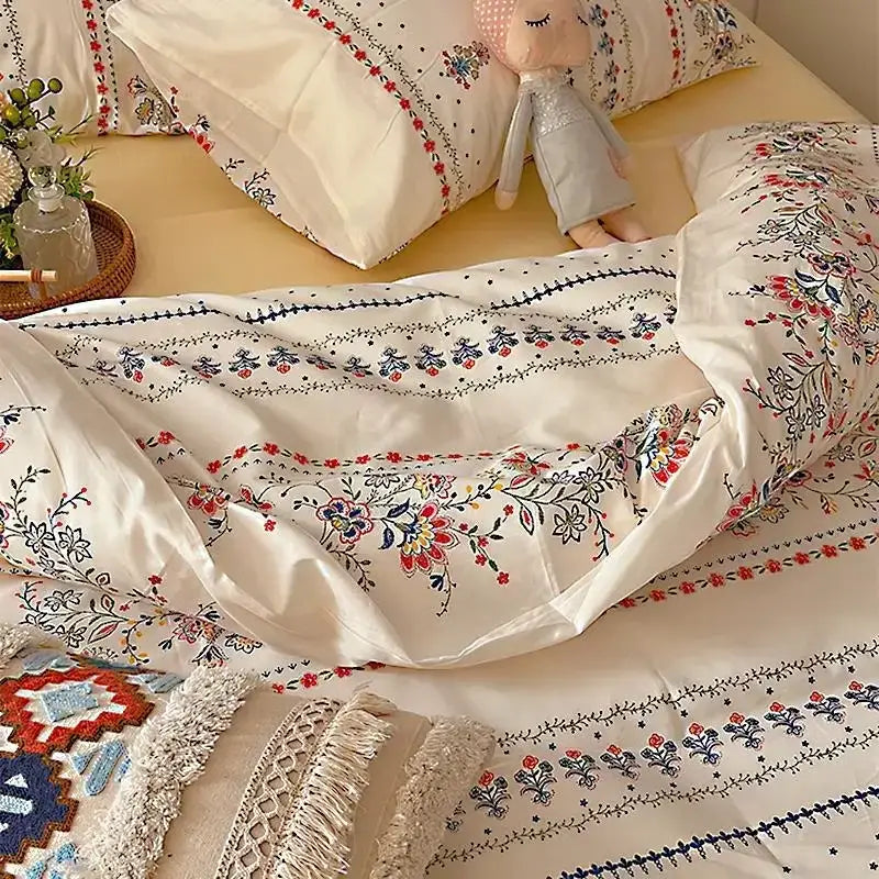 Boho cotton printed cream floral bedding set – bedroom duvet cover