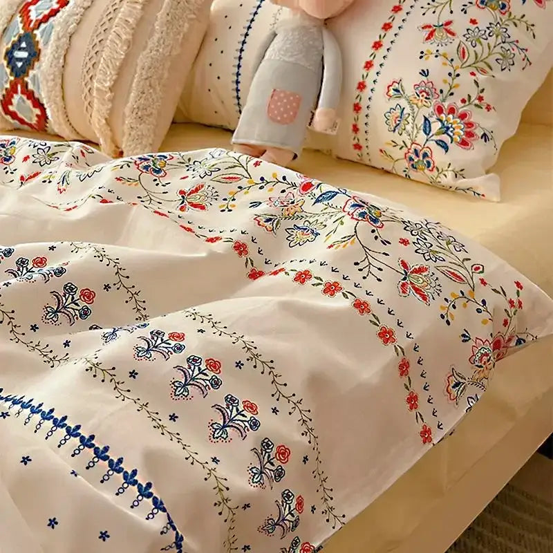 Boho cotton printed cream floral bedding set – bedroom duvet cover