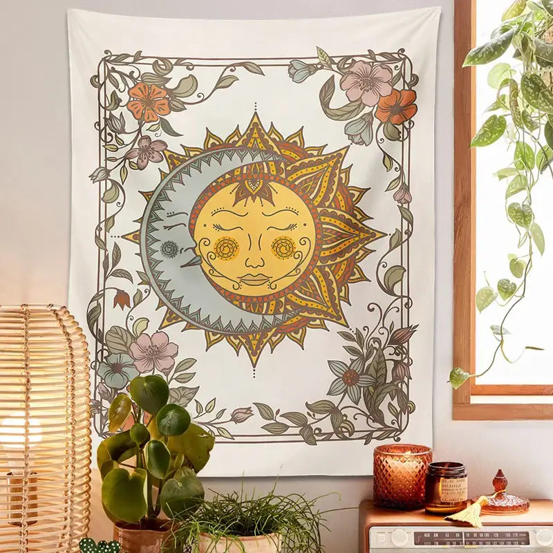 Boho cream celestial sun floral wall tapestry bedroom decor