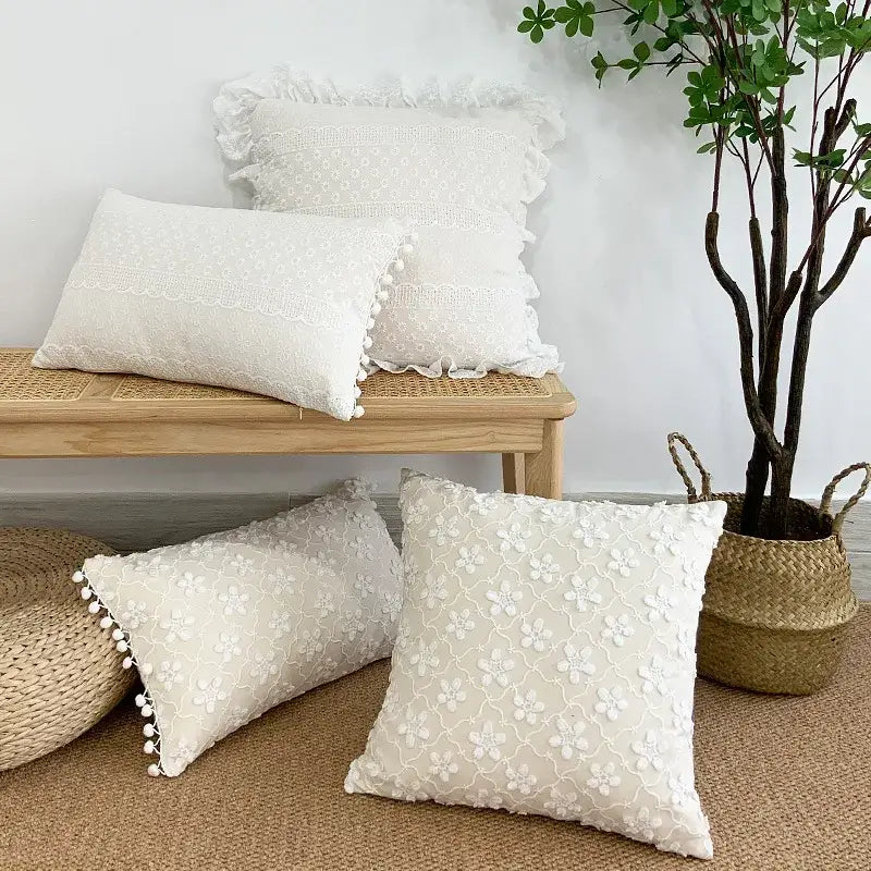 DecorBites™ Boho White Lace Floral Sofa Cushion Cover Wedding Decor Throw Pillows