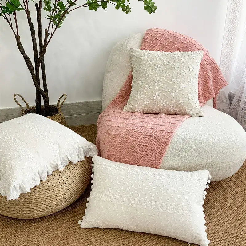 DecorBites™ Boho White Lace Floral Sofa Cushion Cover Wedding Decor Throw Pillows