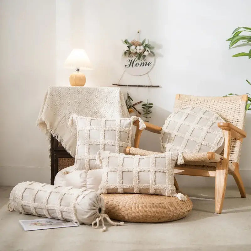 Boho cream textured round lumbar pillow cover set bedroom tassels