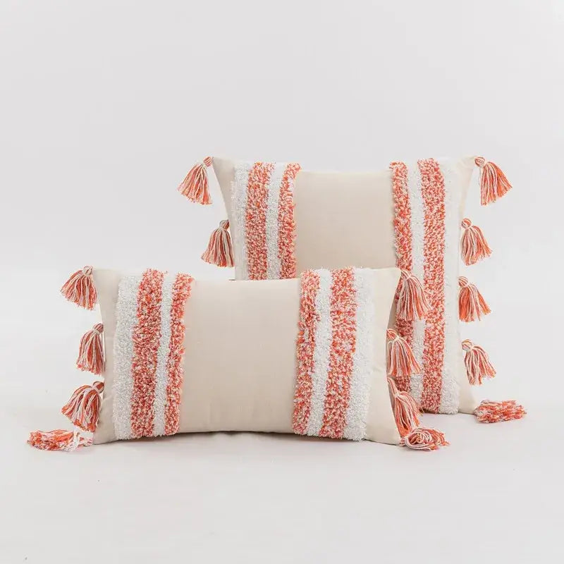 Boho cream tufted cushion cover with tassels for living room