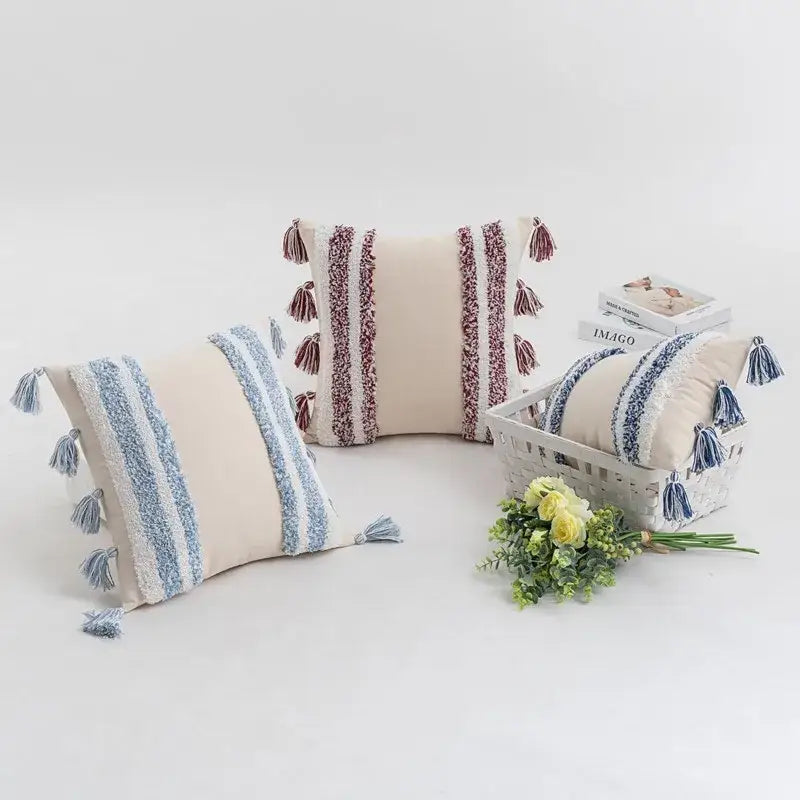 Boho cream tufted cushion cover with tassels for living room