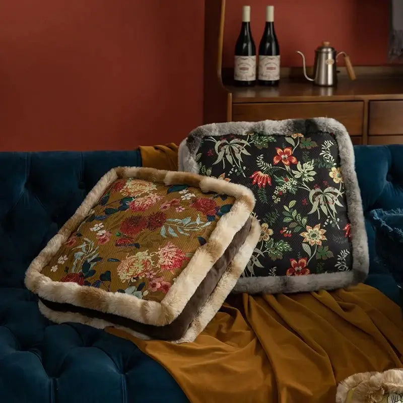 DecorBites™ Boho Floral Square Chair Cushions with Faux Fur Trim - Soft & Thick Seat Pad