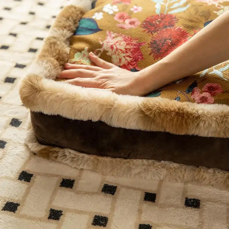 DecorBites™ Boho Floral Square Chair Cushions with Faux Fur Trim - Soft & Thick Seat Pad