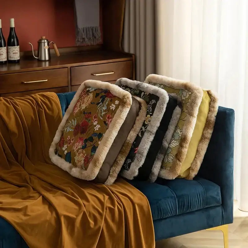 DecorBites™ Boho Floral Square Chair Cushions with Faux Fur Trim - Soft & Thick Seat Pad