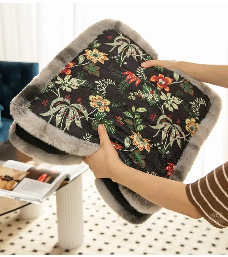 DecorBites™ Boho Floral Square Chair Cushions with Faux Fur Trim - Soft & Thick Seat Pad