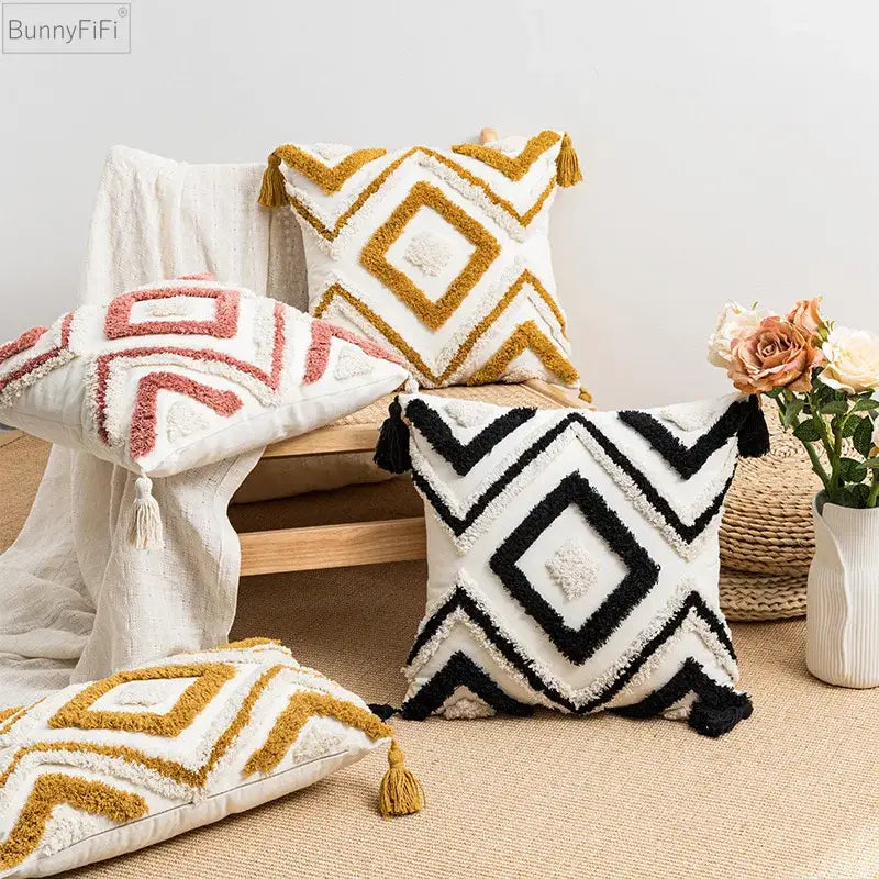 Boho diamond cushion covers – living room earthy tassel pillows