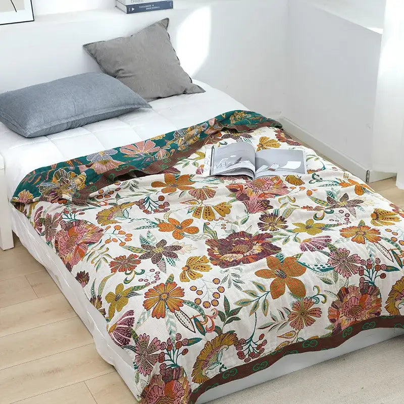 Boho floral embroidered cream cotton bedspread for bedroom