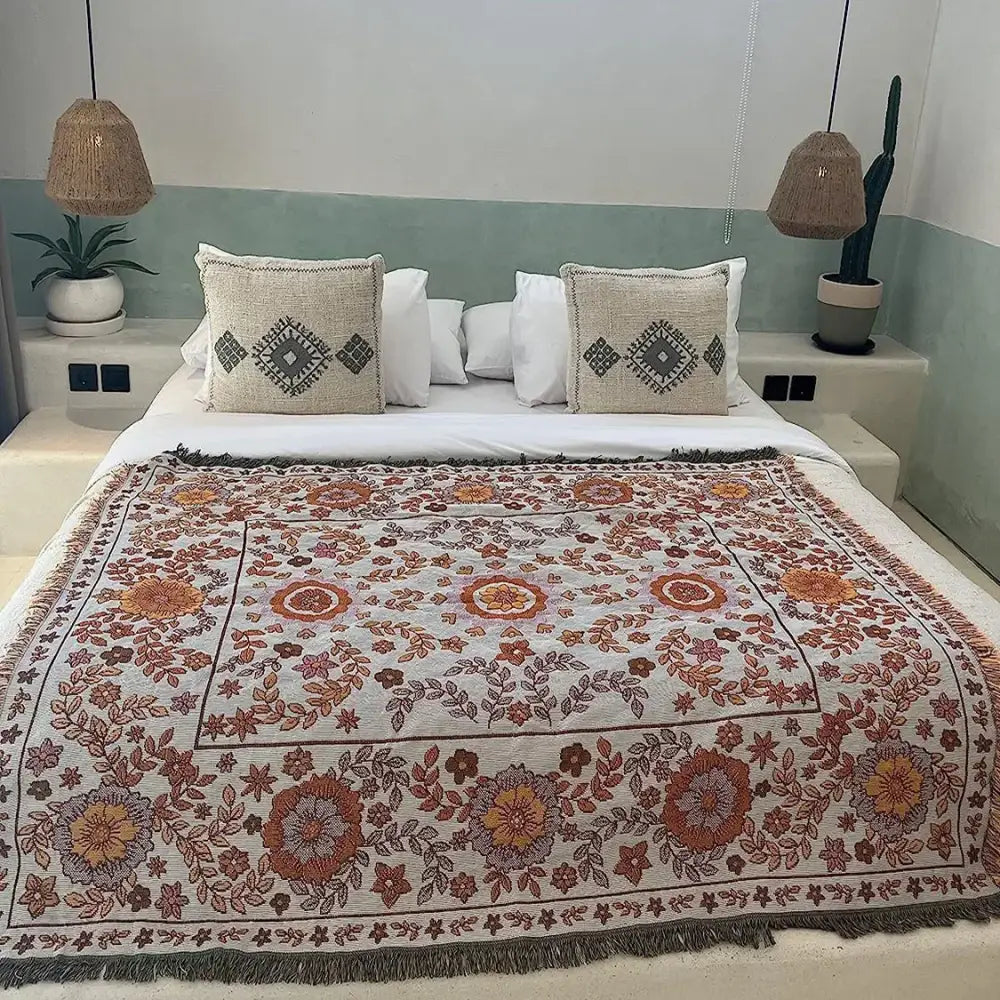 Boho floral sofa throw blanket – living room woven decor