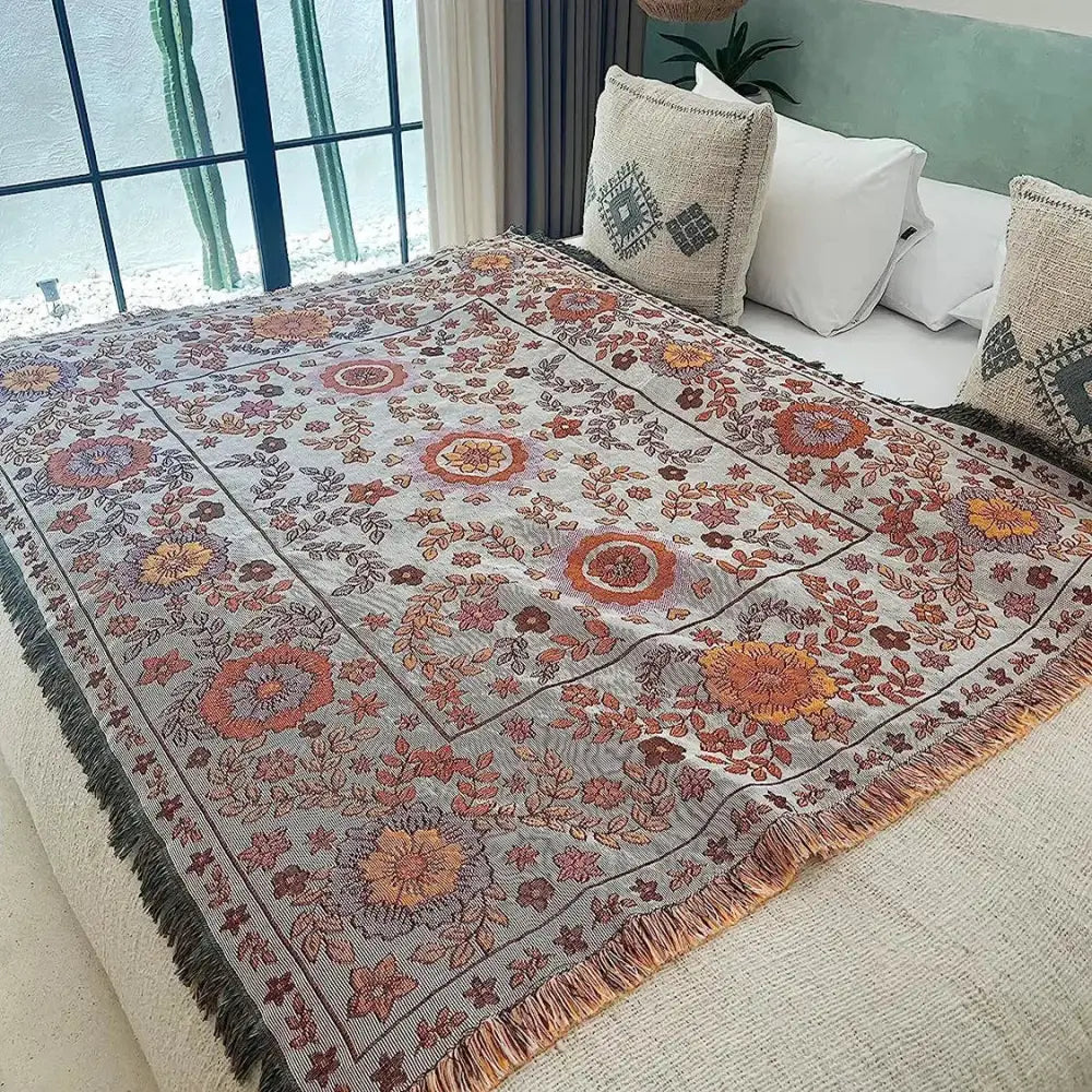 Boho floral sofa throw blanket – living room woven decor