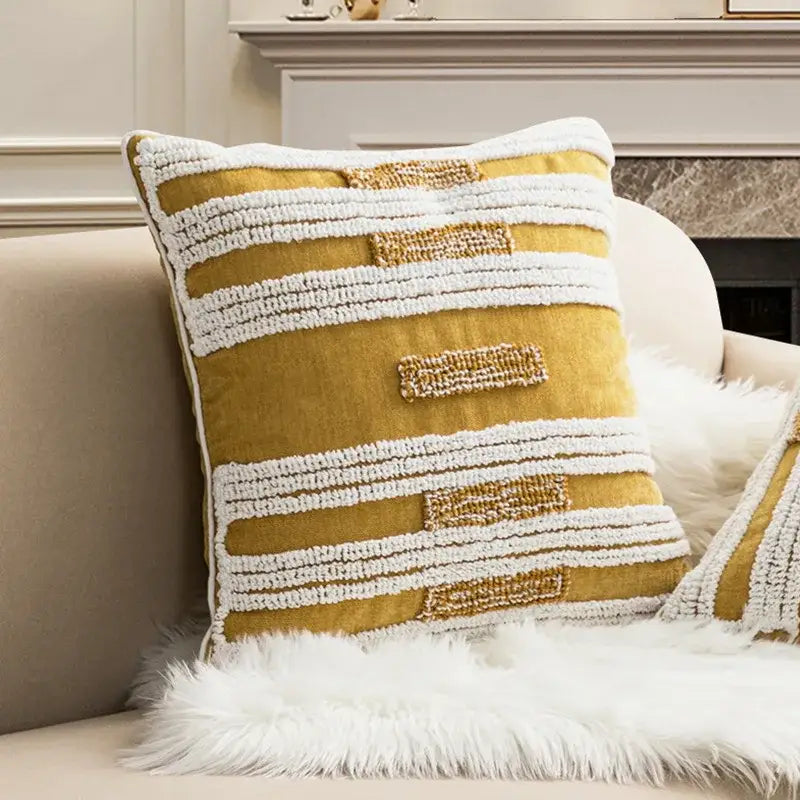 Boho geometric mustard & cream cushion cover living room decor