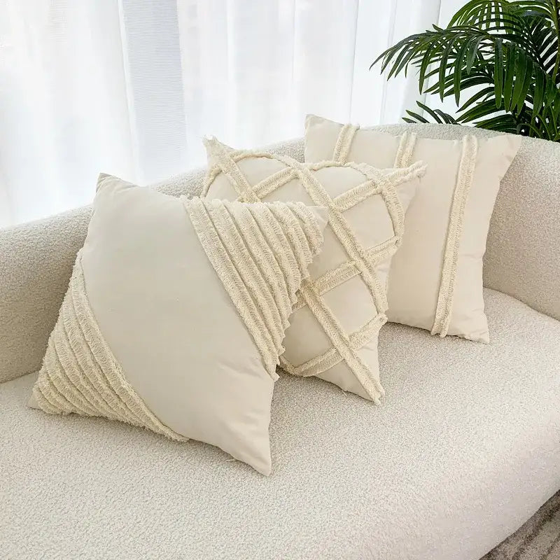 Boho geometry fringed cream cushion cover living room pillow