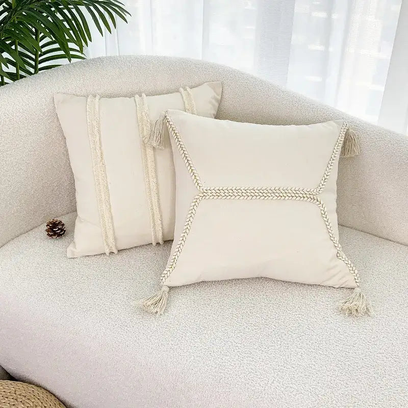 Boho geometry fringed cream cushion cover living room pillow