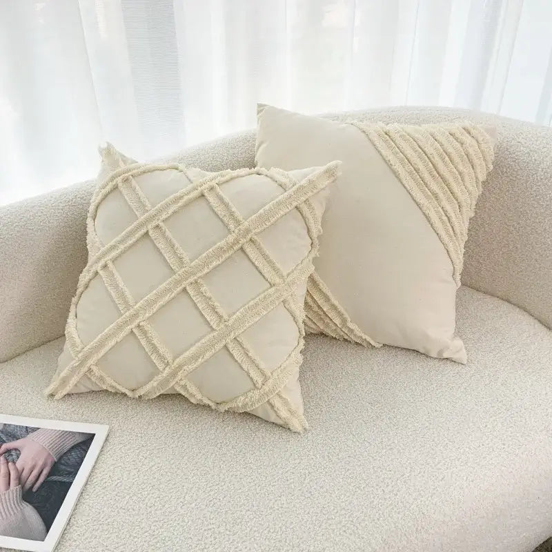 Boho geometry fringed cream cushion cover living room pillow