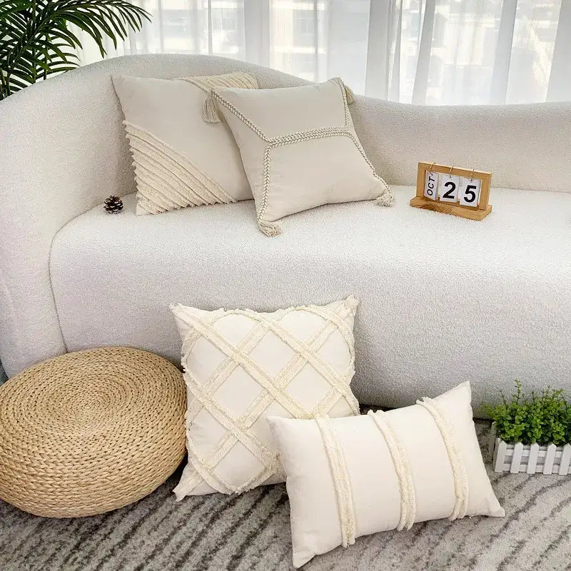 Boho geometry fringed cream cushion cover living room pillow