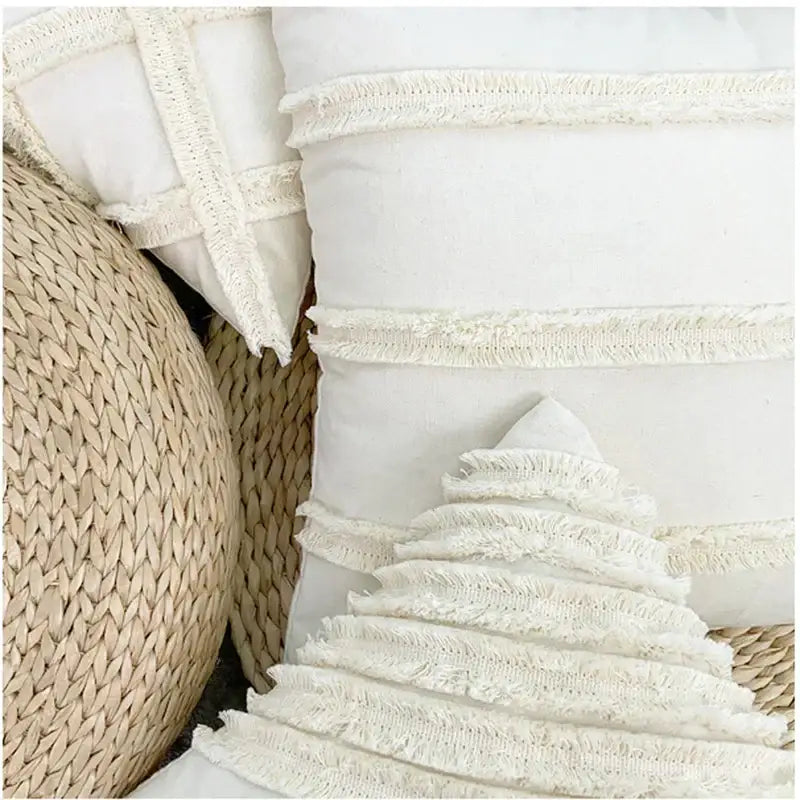 Boho geometry fringed cream cushion cover living room pillow