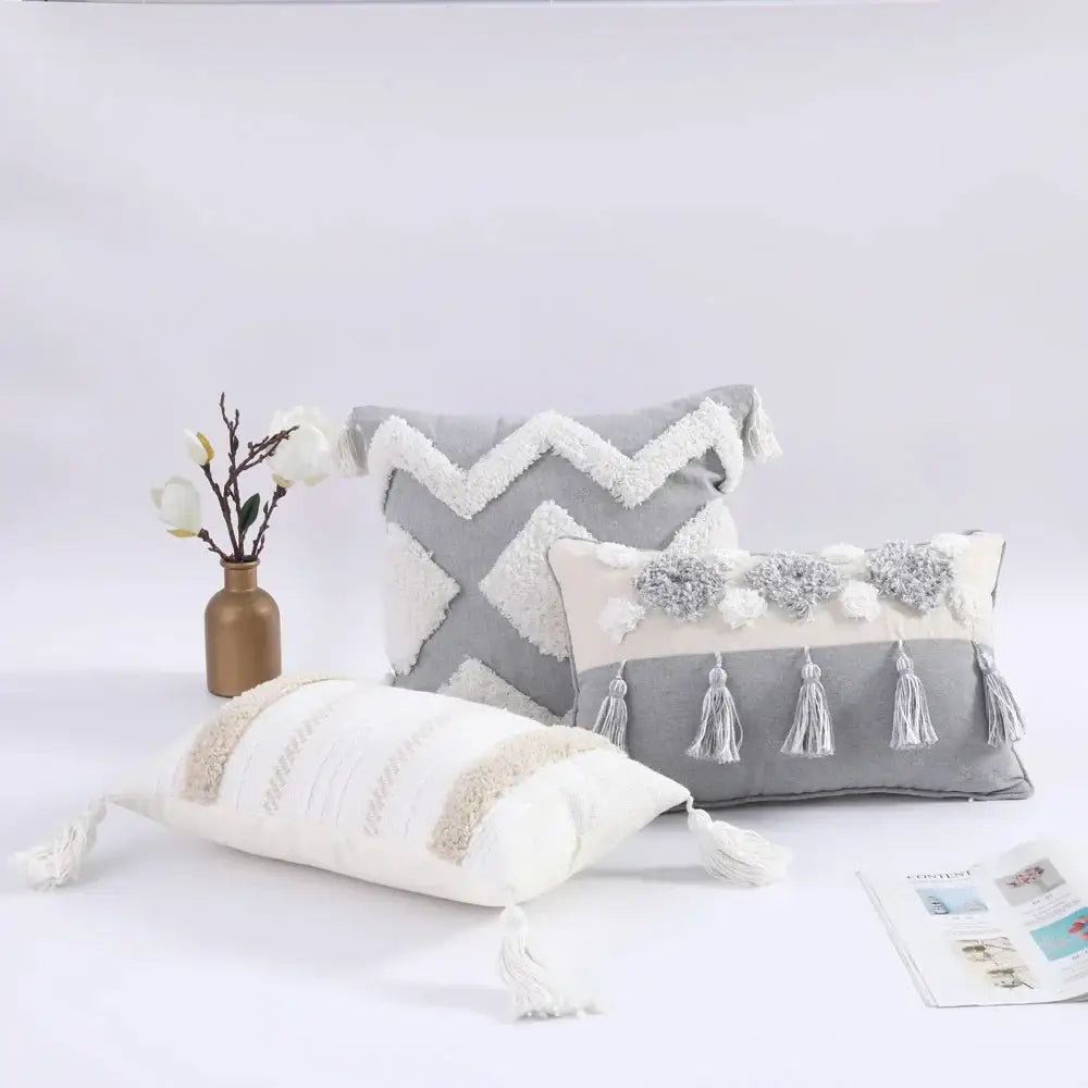 Boho gray & white tufted cushion cover living room tassel decor