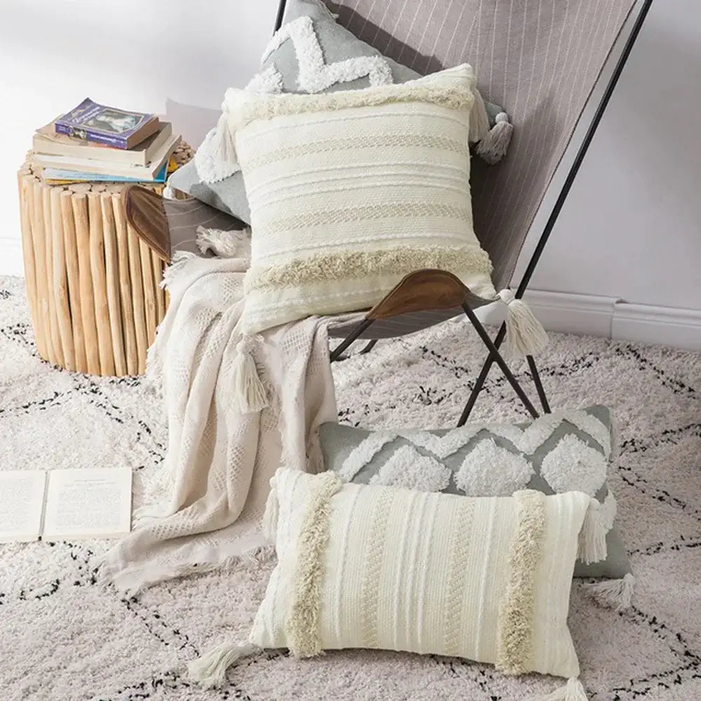 Boho gray & white tufted cushion cover living room tassel decor