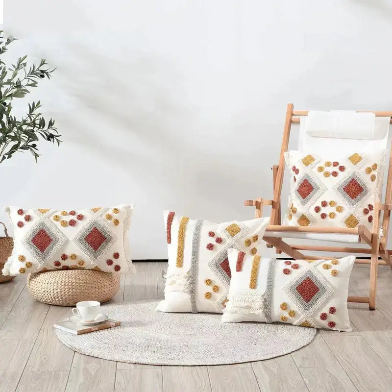 DecorBites™ Boho Ivory Brown Tufted Lace Pillow Cover 50x30/45x45cm for Living Room/Sofa