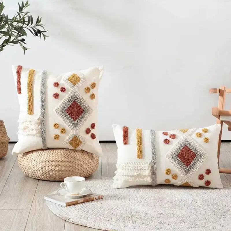 DecorBites™ Boho Ivory Brown Tufted Lace Pillow Cover 50x30/45x45cm for Living Room/Sofa