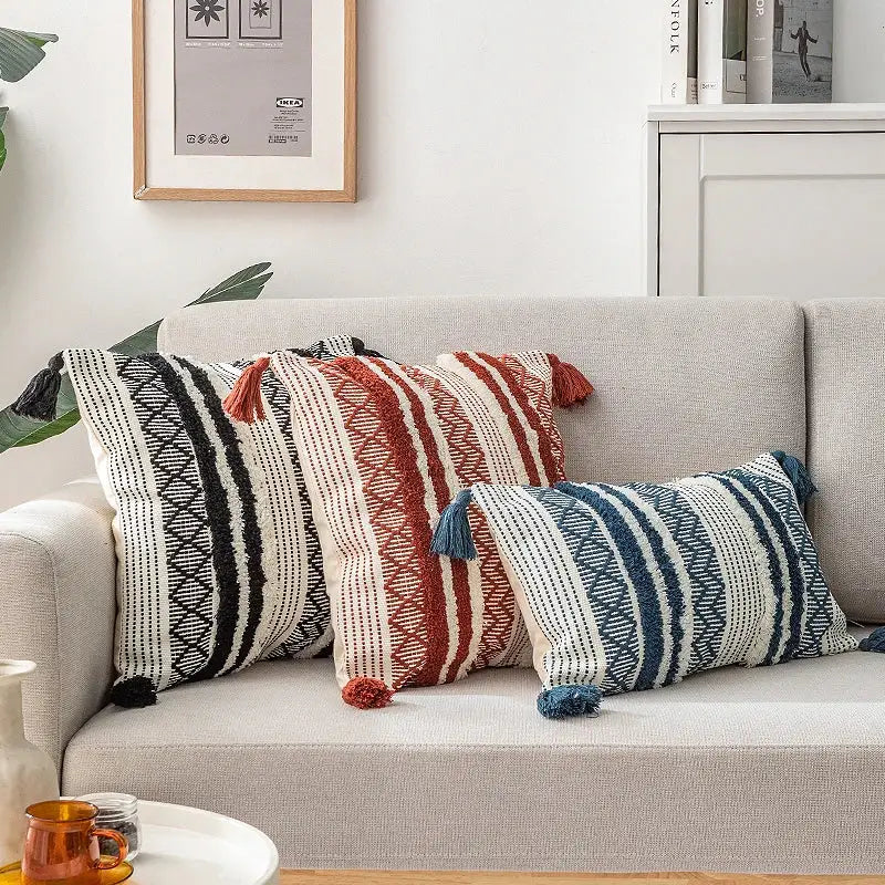 DecorBites™ Boho Jacquard Cushion Cover in Blue Yellow Black Woven for Home Decor