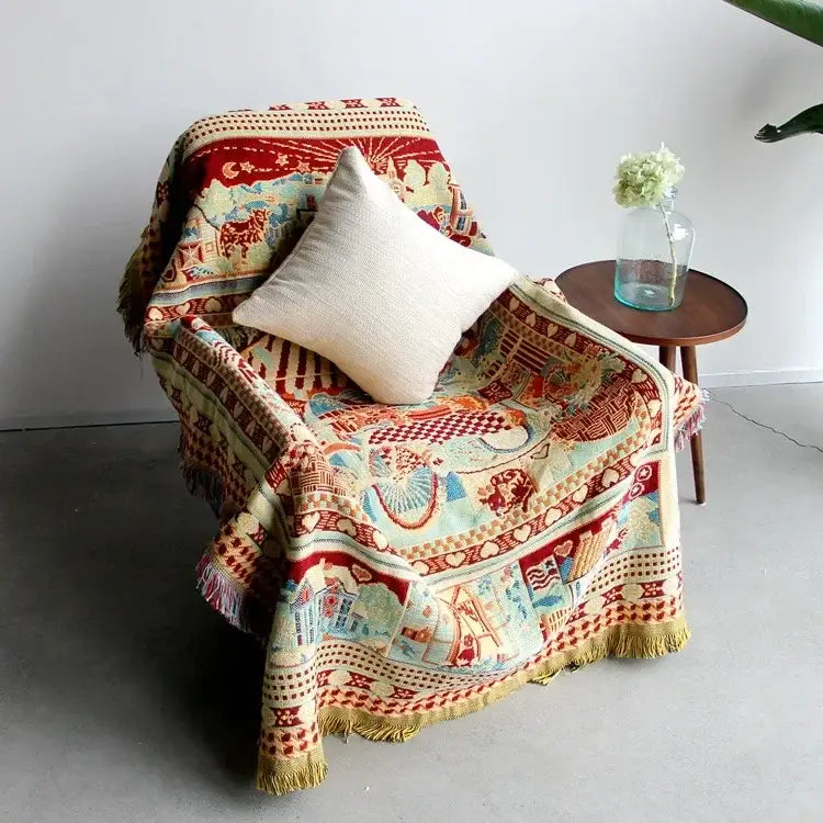 Boho jacquard knit throw blanket red & cream living room decor
