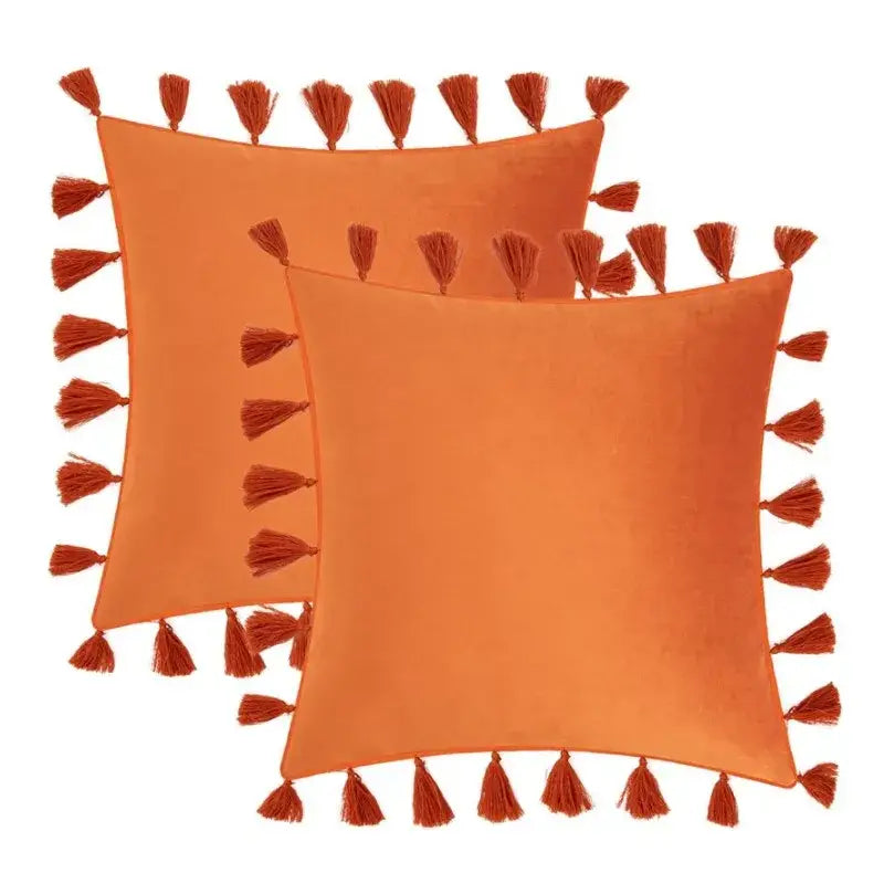 Boho orange velvet tassel fringe pillow covers living room decor