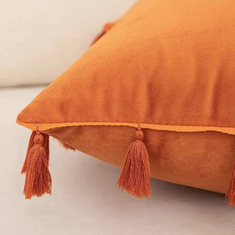 Boho orange velvet tassel fringe pillow covers living room decor