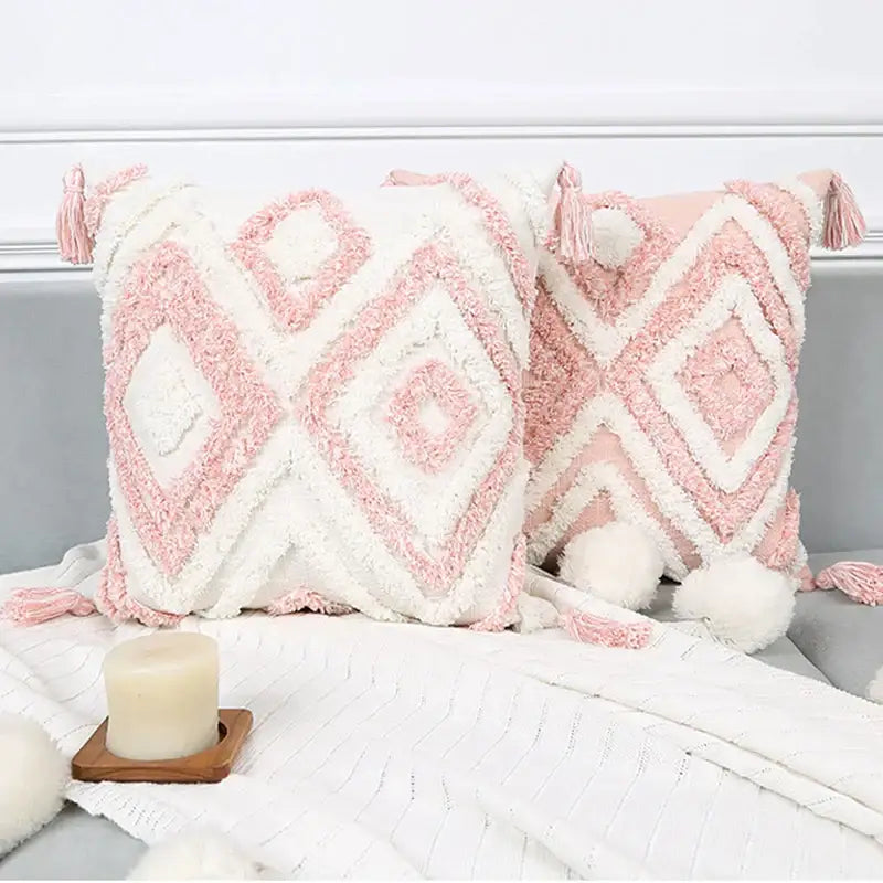 Boho pink geometric tufted pillow covers pink & white bedroom decor