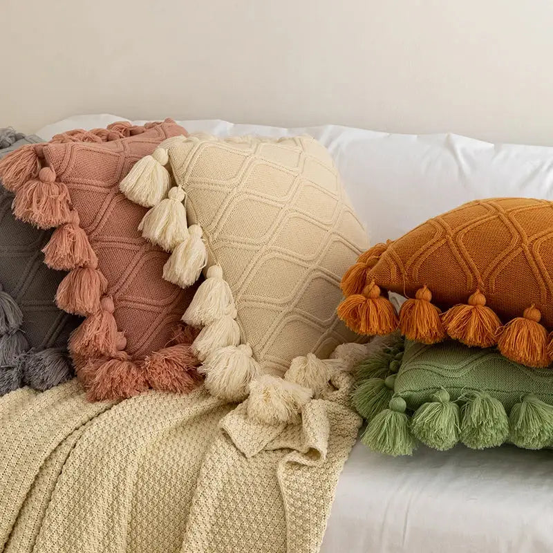 DecorBites™ Boho Style Ivory Green Pink Tassles 45x45cm Cushion Cover for Home Decoration