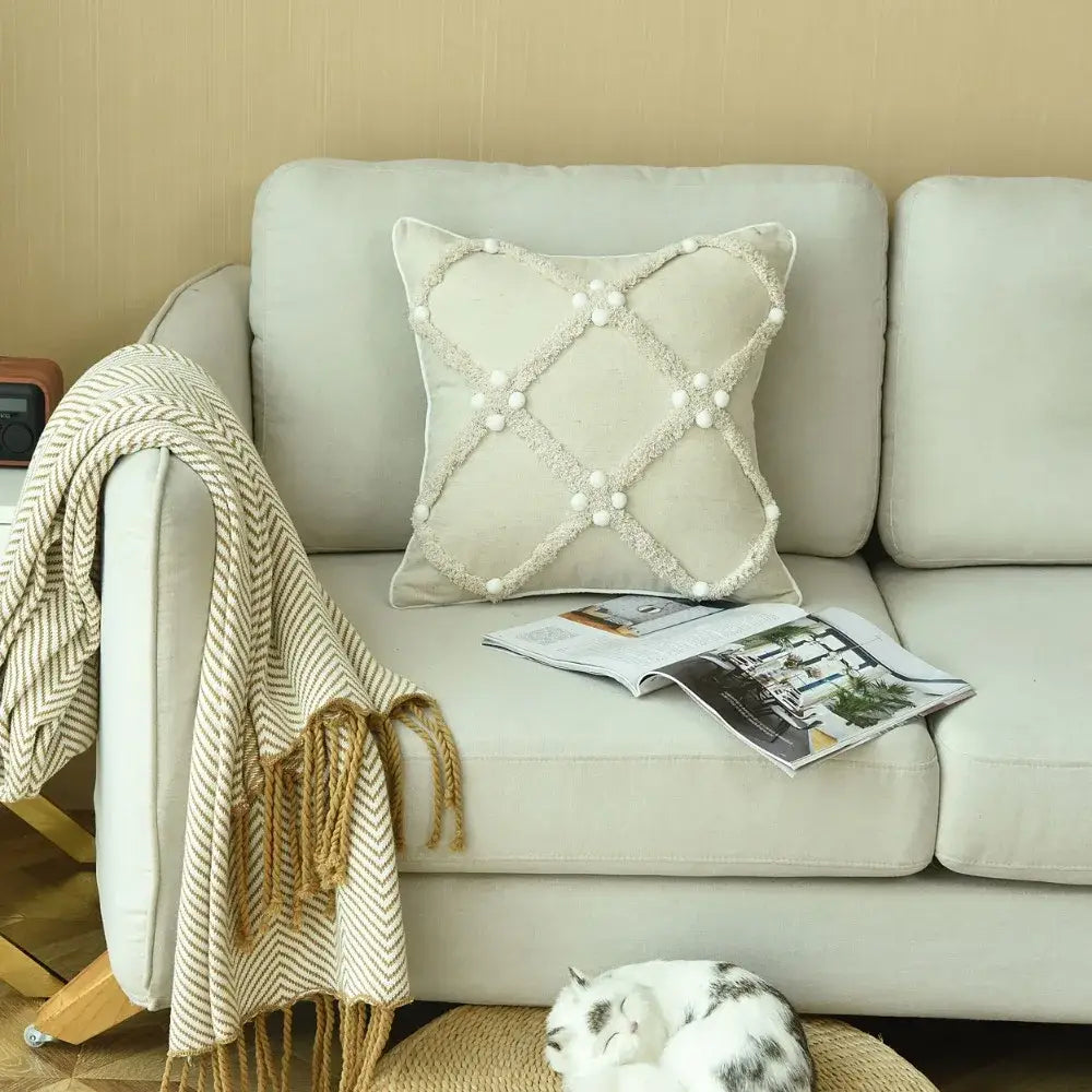 DecorBites™ Boho Style Ivory Plush Pom Pom Cushion Cover, Moroccan Inspired 45x45cm