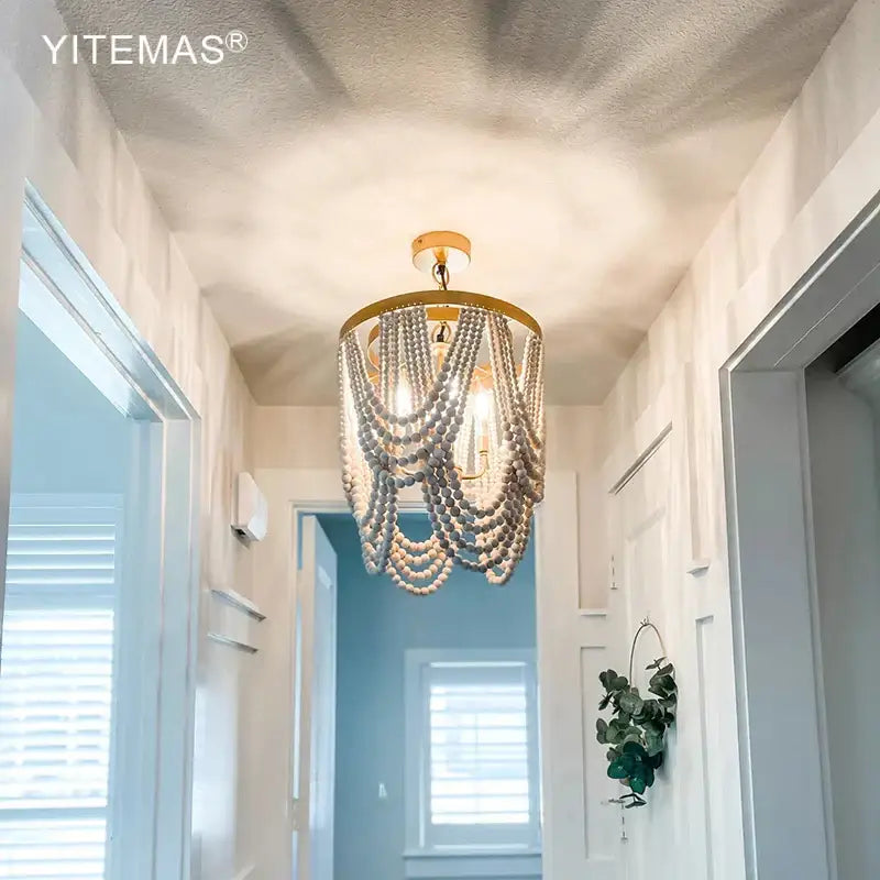 DecorBites™ Boho Wooden Beaded Chandelier Lamp for Kitchen/Dining Room/Hallway/Foyer