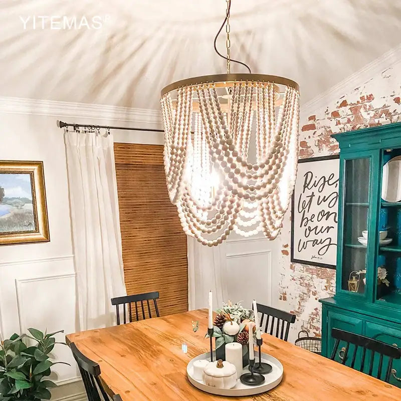 DecorBites™ Boho Wooden Beaded Chandelier Lamp for Kitchen/Dining Room/Hallway/Foyer