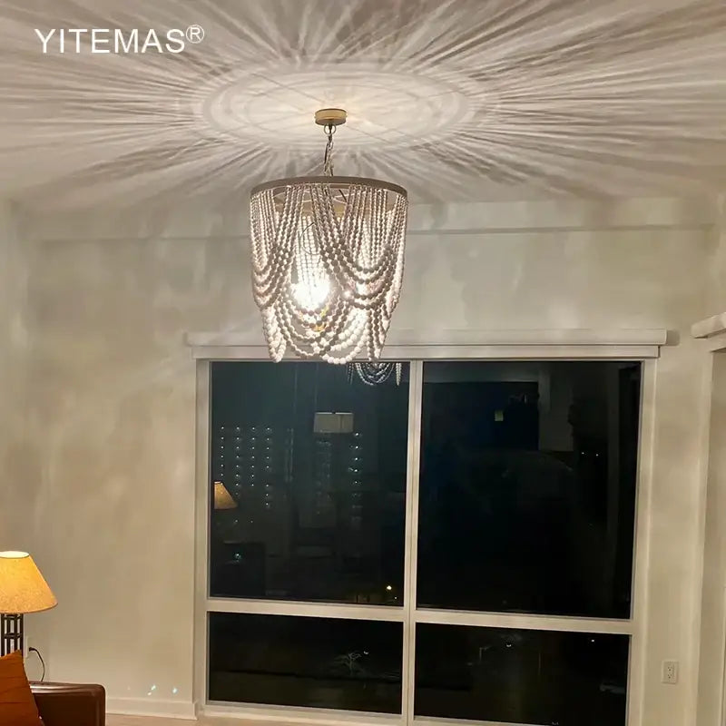 DecorBites™ Boho Wooden Beaded Chandelier Lamp for Kitchen/Dining Room/Hallway/Foyer