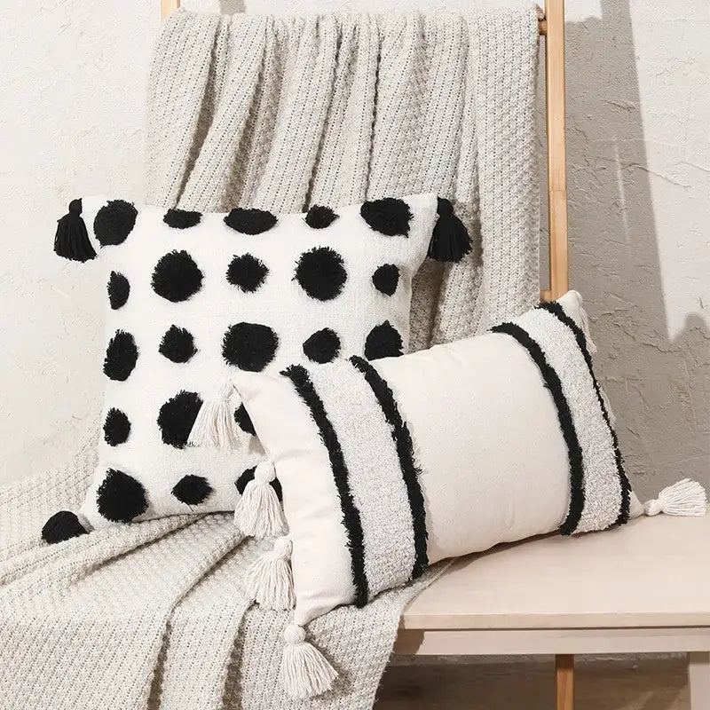 DecorBites™ Boho Tufted Beige White Tassel Pillow Cover Home Decor Square Beaded Case